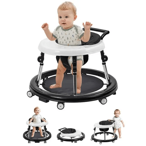 Baby Walker with Wheels: Adjustable Height & Foldable Design, Mute Wheels & Anti-Rollover Feature, Includes Footrest, Perfect for Boys & Girls 6-18 Months