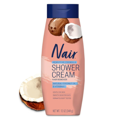 Nair Sensitive Shower Cream Hair Remover with Natural Coconut Oil and Vitamin E, Body Hair Removal Cream, 12 oz