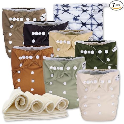 Nora's Nursery Cloth Diapers 7 Pack with 7 Inserts & 1 Wet Bag - Waterproof Cover, Washable, Reusable & One Size Adjustable Pocket Diapers for Newborns and Toddlers - Down to Earth