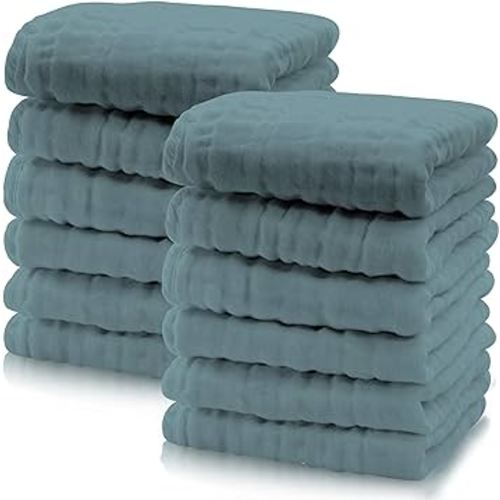 Cute Castle 12 Pack Muslin Baby Washcloths - Large 12'' by 12'' - Ultra Soft 100% Cotton - Super Absorbent Burp Cloths for Unisex, Boy, Girl -Dark Green