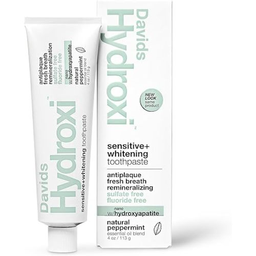 Davids Hydroxi Fluoride Free Nano Hydroxyapatite Toothpaste for Remineralizing, Sensitive Support, Whitening, Antiplaque, SLS Free, Natural Peppermint, 4oz, Made in USA
