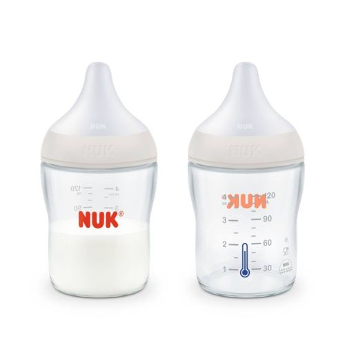 𝗚𝗟𝗔𝗦𝗦 𝟰𝗼𝘇 NUK Perfect Match Glass Baby Bottles - 4 fl oz/2pk: Level 1 Slow Flow, BPA-Free, Silicone Nipple