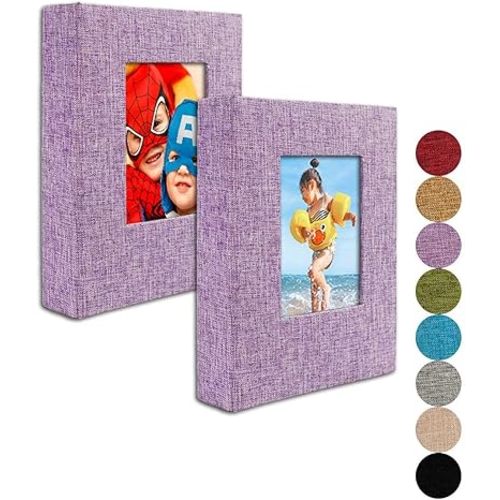 GPIRAL Small Photo Album 4x6 – Clear Pages, Linen Cover with Front Window, Pack of 2, Each Album Holds 52 Photos, Small Brag Book for 4x6 Pictures, Lilac Purple Fabric