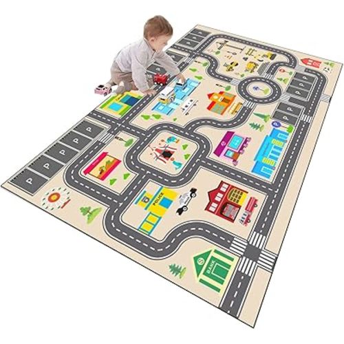 Kids Rug Play Mat for Toy Cars,City Life Road Traffic Educational Carpet,Have Fun Throw Rug,Non-Slip Nursery Rug for Boy and Girl Bedroom 80×160cm/31×63in