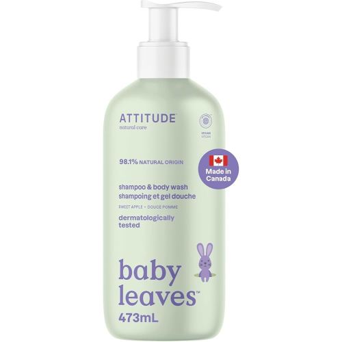 ATTITUDE Baby 2-in-1 Shampoo and Body Wash, Made in Canada, EWG Verified, Dermatologically Tested, Vegan, Sweet Apple, 473 mL