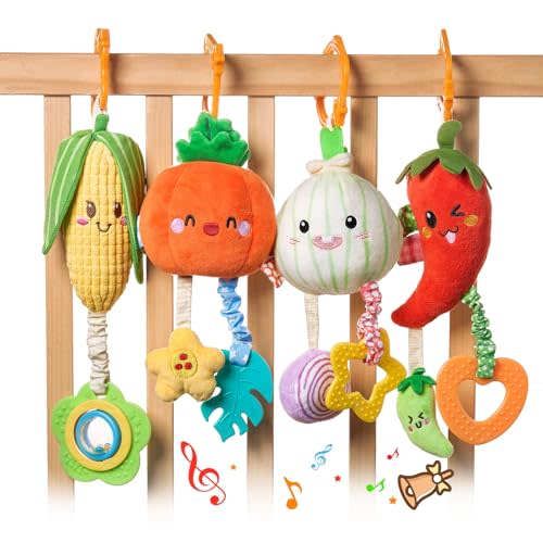 TUMAMA Hanging Baby Toys, 4 Pack Vegetable Crib Stroller Baby Gym Mobile Plush Toys, Early Baby Cognitive Sensory Hanging Rattle Toys with Teether. Suitable for Babies 0, 3, 6, 9, 12 Months