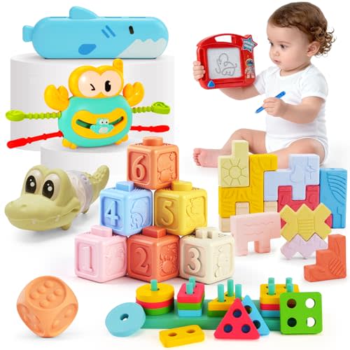 Montessori Baby Toys for 6-12 Months,Babies Travel Toy Set with Stacking Blocks, Pull Teether, Sensory Shape Sorter, Drawing Board & Harmonica, Infant Learning Gift for Toddler 1-3 Year Old
