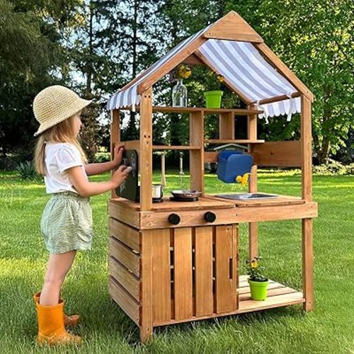 Mud Kitchen for Kids Outdoor, Kids Kitchen Playset with Canopy, Gardening Tools, Chalkboard, Flower Pot, Cookingware, Removable Water Tank, Ideal Gift for Boys and Girls 3+, Solid Fir Wood.