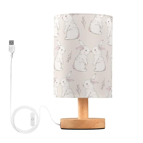 Table Lamp White Bunny Rabbits Pattern Nightstand Lamp with Wood Base Fabric Lamp Shade Bedside Desk Lamp for Living Room Bedroom Kids Room Office