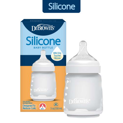 Dr. Brown's Silicone Baby Bottle with Collapsible Insert Designed to Reduce Colic, 5 oz with Wide-Neck Level 1 Slow Flow Nipple, BPA-Free, 0m+, White/Ecru