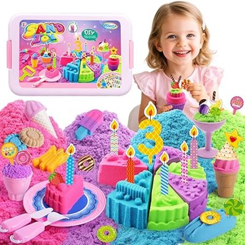 Cake & Ice Cream Sensory Bin Sand Toy, Sand Kit Sensory Toys w/lid and 4 Color Moldable Sensory Play Sand 2.2lbs, Molds, Tools Set 43pcs Total for Toddlers, Fun Easter Gifts for Kids 3+