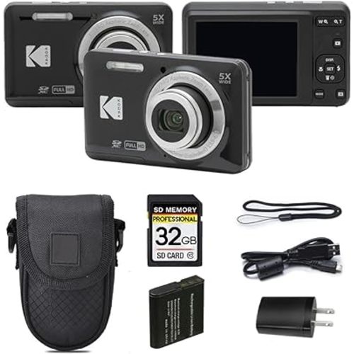 Kodak PIXPRO FZ55 Digital Camera, 16MP Compact Point & Shoot, 5X Optical Zoom, 28mm Wide Angle Lens, 1080P Full HD Video, Black + Camera Case & 32GB SD Card