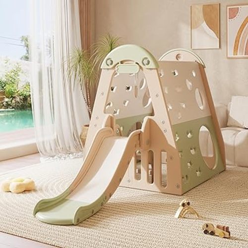 Toddler Slide and Swing Playset, Indoor Playground for Kids 3-6, Backyard Playground Set Climber, Gymnastic Ring, Monkey Bars and Basketball Hoop,Gym for Toddlers