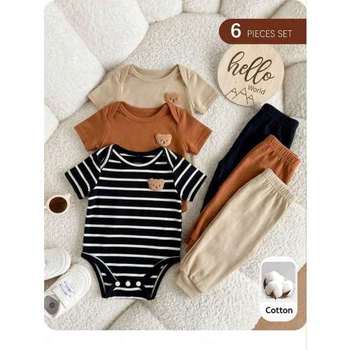 6pcs/Set Newborn Baby Boy/Baby Girl. Comfortable, Casual, Cute, Color-Blocked Striped And Star Pattern Short-Sleeved Romper Set With Knit Top And Pants. Suitable For Spring And Summer, Daily Wear, Playtime, Parties, Photoshoots, Baby Showers. Brown Baby C