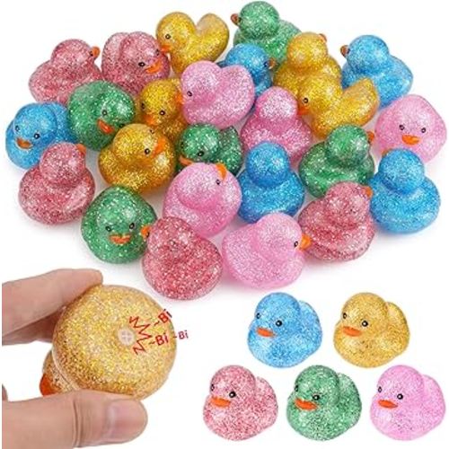 25Pcs Mini Glitter Rubber Ducks Bath Toys, Bathtub Floating Squeaky Duck Bulk Baby Preschool Bath Toy for Baby Shower Infants Kids Toddler Birthday Party Decoration Gift (Large)