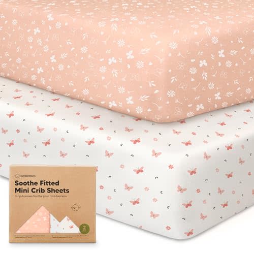 2-Pack Mini Crib Sheets Fitted - 38x26 Pack N Play Sheets for Pack and Play Mattress, Organic Cotton, Soft & Breathable Playard Bedding, Neutral Mini Toddler Bed Cover for Boys, Girls (Butterflies)