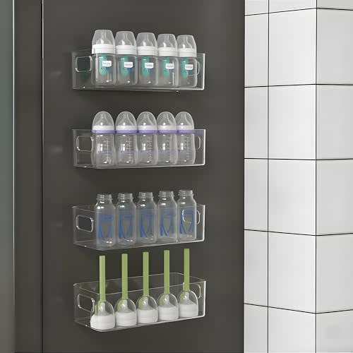 MGY 4Pack Clear Magnetic Baby Bottle Organizer for Refrigerator, Space-Saving Storage Container for Baby Bottles,Bottle Organizer