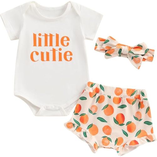 Newborn Baby Girl Shorts Set Little Cutie Outfits Strawberry/Orange Short Sleeve Romper Frill Trim Shorts Headband