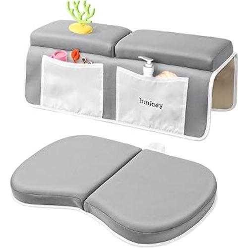 Bath Kneeler and Elbow Rest Pad Set, 1.6'' Extra Thick Bath Support for Knees and Elbows, Memory Foam Bath Mat with Toy Organizer Pockets, Quick-Dry Kneeling Pad for Bathing Baby Grey