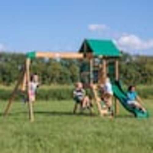 Backyard Discovery Buckley Hill Outdoor Playground Set w/ Elevated Clubhouse, Rockwall, Ladder, Swing Set, Chalk Board, and Wave Slide 2001046com