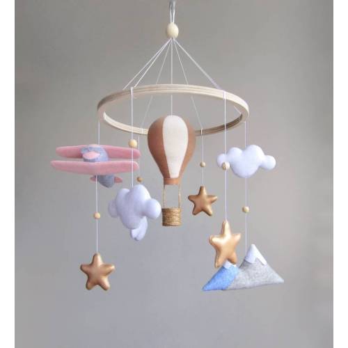 Travel nursery mobile. Adventure baby room decor. Baby girl crib mobile. Pink airplane, hot air balloon, mountain cot mobile. Musical mobile