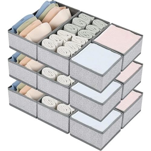 DIMJ Drawer Organizers for Clothing, Set of 12 Dresser Drawer Organizers, Fabric Closet Organizers and Storage, Drawer Dividers for Baby Clothes, Socks, Belt, Tie (Blended)