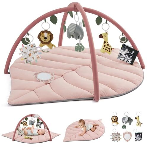 Blissful Diary Baby Play Gym & Activity Mat, Oversize Leaf Shaped Tummy Time Baby Play Mat w 6 Detachable Toys Promotes Motor Skills & Sensory Development, Newborn Infant Essentials Gift, Crystal Pink