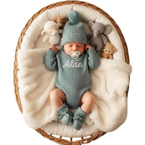 Personalized Embroidered Baby Romper Set - Cotton Newborn Coming Home Outfit, Knit Sweater with Hat & Booties,Gender Neutral Gift