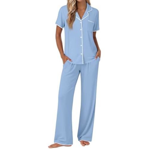 Ekouaer Pajamas for Women Set Button Up Soft Pjs Short Sleeve 2 Piece Lounge Sets Comfy Sleepwear