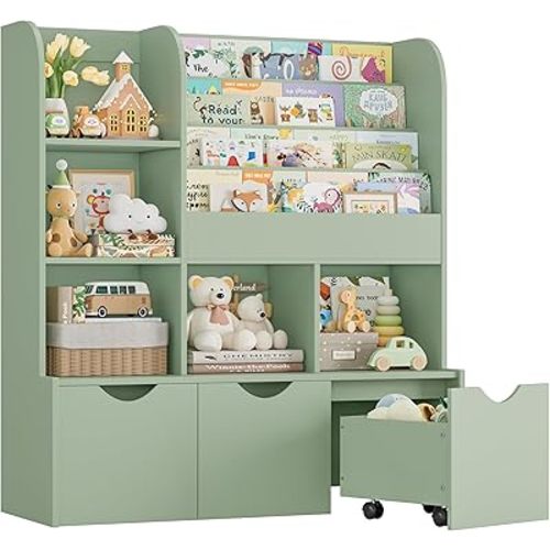FOTOSOK 47'' Kids Bookshelf with Toy Storage, Multifunctional Bookcase with 5 Storage Cubbies and 3 Movable Drawers, Toy Storager Display Stand, Toy Organizer and Storage for Playroom,Bedroom, Green