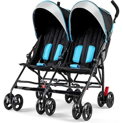BABY JOY Double Umbrella Stroller, Lightweight Travel Side by Side Twin Stroller with Large Storage, Cup Holder, 5-Point Safety Harness, Adjustable Canopy & Compact Fold for Infant and Toddler (Blue)