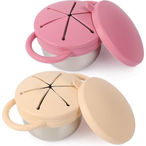 2 Pack Stainless Steel Spill Proof Snack Cup for Baby Toddlers Kids, with Silicone Food Catcher, Travel Lid, Spill-Proof Bowl Containers, Toddlers Essentials, Non Toxic BPA Free