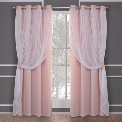 Set of 2 (84"x52") Caterina Layered Solid Blackout with Sheer Top Curtain Panels Blush - Exclusive Home: Thermal Insulated, Grommet Top