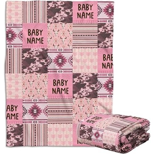 Western Baby Blankets for Girls, Western Stuff, Personalized Baby Blankets, Pink Cowboy Baby Blankets, Custom Baby Blanket Name, 3 Sizes Fleece Blankets for Infant Newborn Daughter Granddaughter Crib