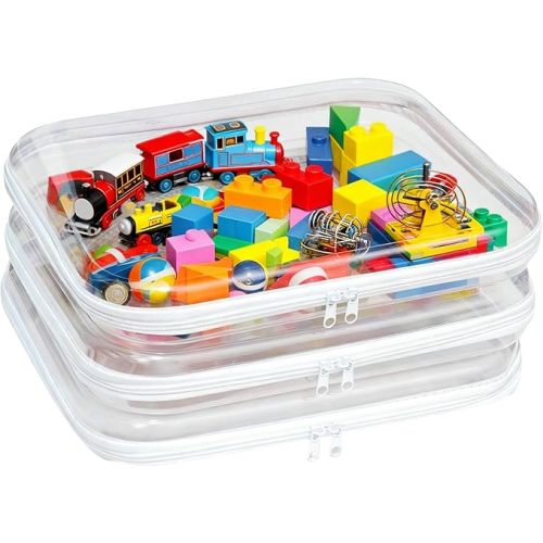 3PCS Clear Hard Plastic Zipper Case, Double Zippers Hard Pouch, Portable Travel Organizer Bin Clear Makeup Bag for Toy Storage, Snack Bag, Cosmetics, Diaper Bag, Toiletry Bag (2M+1S)