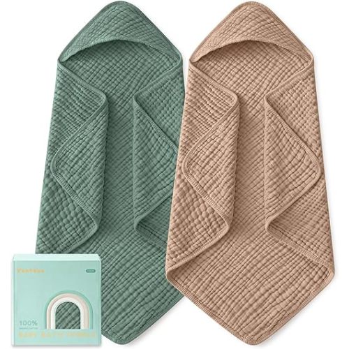 Yoofoss Hooded Baby Towels for Newborn 2 Pack 100% Muslin Organic Cotton Baby Bath Towel with Hood for Babies, Infant, Toddler and Kids, Large 32x32Inch, Soft and Absorbent Newborn Essential
