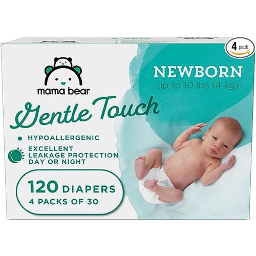 Amazon Brand - Mama Bear Gentle Touch Diapers, Hypoallergenic, Newborn, White, 120 Count (4 Pack of 30 ) - Newborn (120 Count)