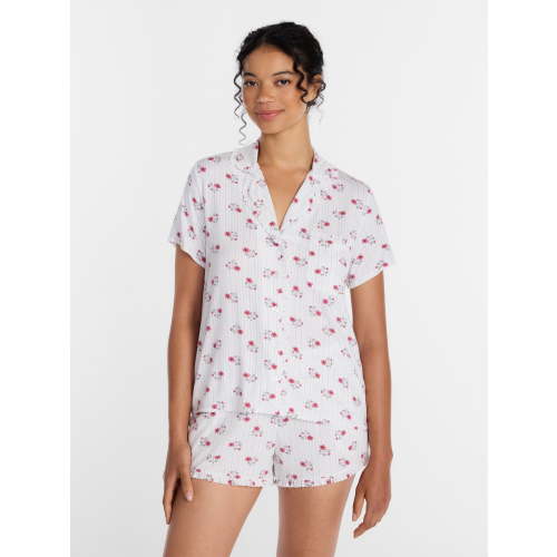 Joyspun Women’s Modal-Blend Ruffle Trim Notch Collar Top and Shorts Pajama Set, 2 Piece, Sizes XS-3X