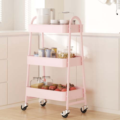 edx 3 Tier Rolling Cart, Metal Utility Storage Cart with Lockable Wheels for Livingroom, Bathroom, Kitchen & Narrow Spaces,Pink