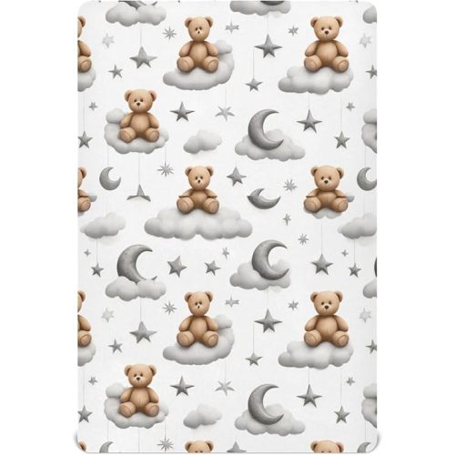 Caikeny Fitted Crib Sheet for Boys Girls Kawaii Bears Moon Grey Clouds Baby Crib Sheets Stars Watercolor Bassinet Sheets Crib Mattress Bed Sheets for Toddler Newborn Infant 27 x 39 in