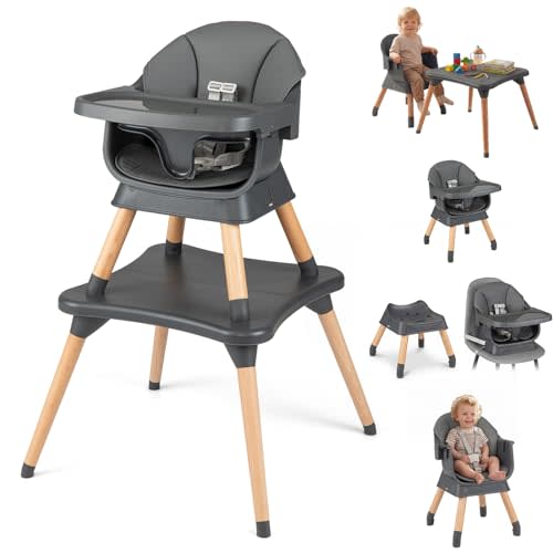 HONEY JOY 9-in-1 Baby High Chair, Convertible Wood Highchair for Babies and Toddlers/Dining Booster Seat/Table & Chair Set, Toddler Stool w/5-Point Safety Harness, Removable Cushion & Tray (Dark Gray)