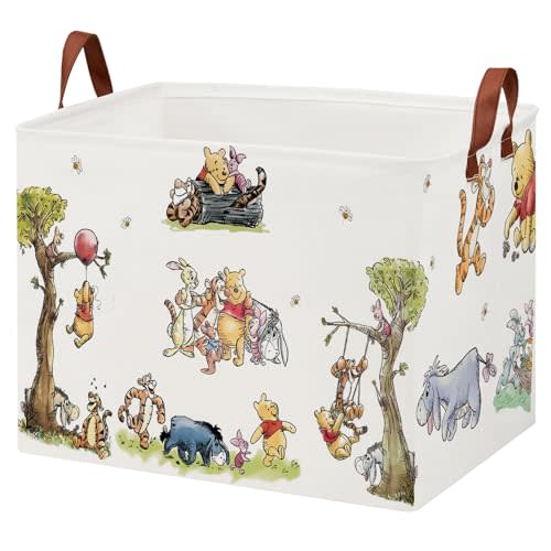 Cute Bear Nursery Storage Basket With Hard Bottom,Classic Bear Decorative Storage Hamper With Waterproof PE Coating,Large Square Canvas Cotton Laundry Bin for Baby Stuff,Diaper Bag
