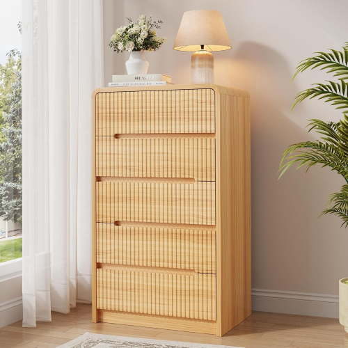 Fluted Dresser for Bedroom, 5 Drawer Dressers for Closet Small Wood Dresser Modern TV Stand, Wooden Clothes Storage Organizer Chest of Drawers for Living Room Hallway Entryway