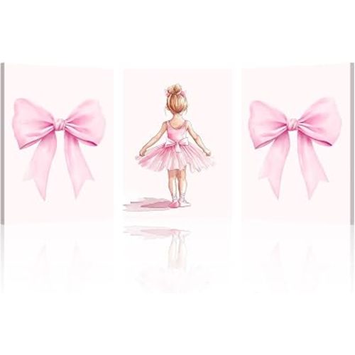 3 Piece Ballerina Wall Art for Girls Nursery Decor Pink Bow Picture Ballet Paintings Watercolor Prints Baby Bedroom Living Room Ready to Hang - Pink, 11"x14"x3P