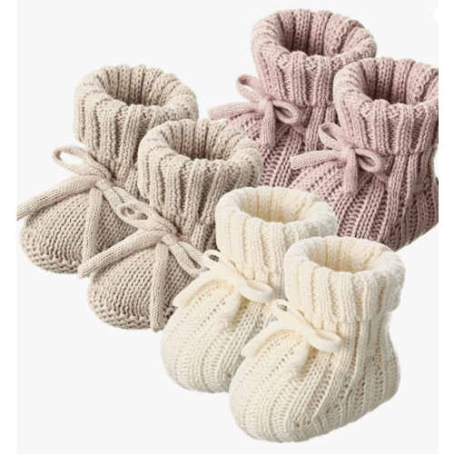 Evervibe 3 Pairs Knitted Baby Booties 0-6 Months Newborn Baby Shoes First Walkers Cozy Shoes for Infant Girl Boy