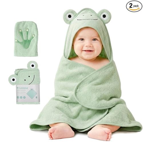 CuddleBug Hooded Baby Bath Towel & Washcloth Set (Bear) - 100% Cotton Terrycloth Hooded Baby Towels for Newborn & Toddler - Super-Soft & Absorbent, Newborn Essentials (33" x 33") - Sage Green