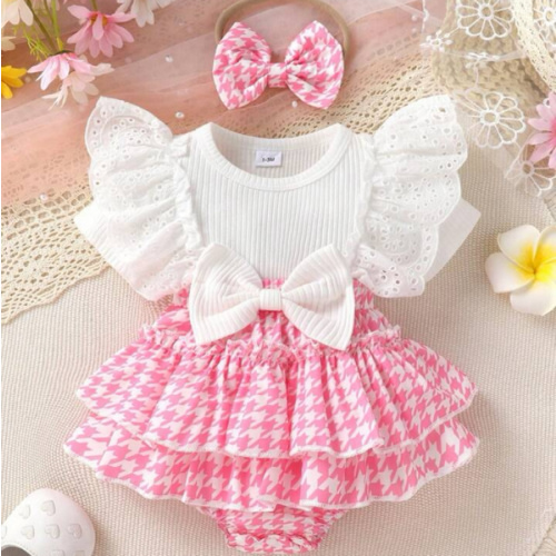 2pcs Set Casual Elegant Sweet Cute Baby Girl Dress Bodysuit, Soft Breathable Comfortable, Bow Decor Embroidery Lace Trim Houndstooth Ruffle Layered Dress Bodysuit And Headband