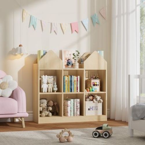 Kids Castle Cube Toy Storage Organizer, Wooden 6 Cubby Bookshelf with Anti Tip Device for Playroom or Bedroom