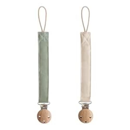 mushie Linen Baby Pacifier Clip Holder | Soft Fabric Strap, 2-Pack (Olive/Shifting Sand)