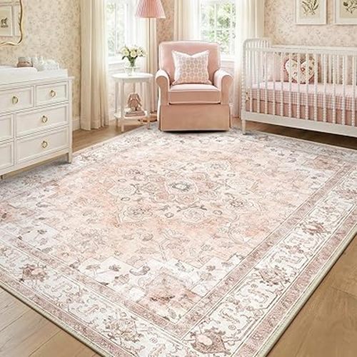 Machine Washable Rugs Nursery Rug 8x10 Cute Girl Non Slip Low Pile Water Repellent Soft Print Pattern for Bedroom Indoor Decor Kids Playroom Pink